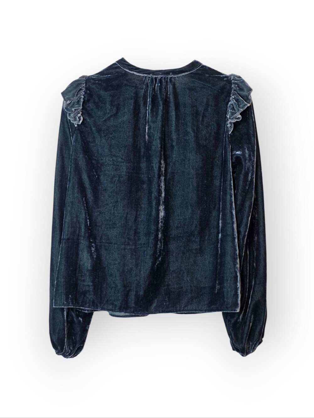 Evereve Yana Ruffled Crushed Velvet Deep Teal Women's Top Medium - Picture 3 of 9